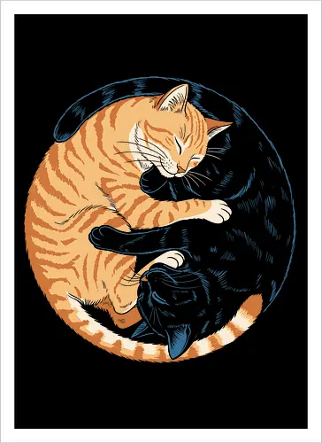Yin Yang Cats - cats, cat, yin, yang, balance, harmony, oriental, japanese, asian, symbolism, spiritual, duality, feline, black, orange, meditation, zen, cute, minimalist, illustration - Kunstdruck