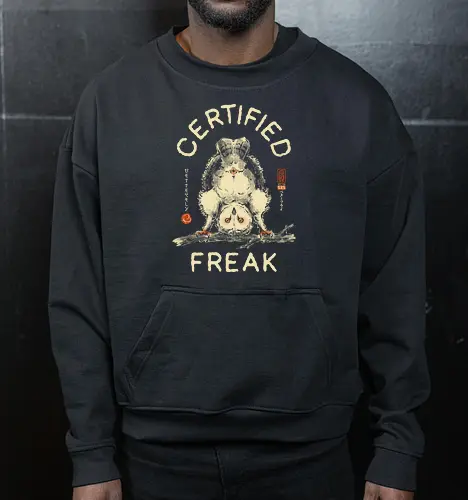 Certified Freak - sarcastic, owl, funny, vintage, retro, japanese, quote, weird, bird, upside down, certified freak, owl lover, art print, funny bird, quirky - Cropped Sweatshirt