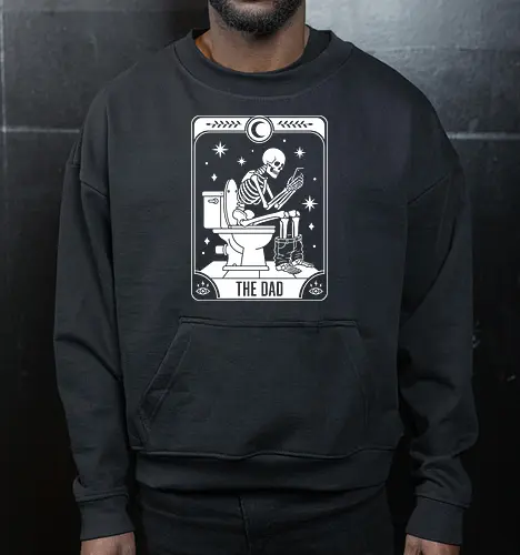 The Dad Arcana - funny dad shirt, skeleton tarot card graphic, ironic pop art tee, the dad major arcana tee, dark humor fathers day gift, sarcastic parent apparel, spooky aesthetic streetwear, toilet humor clothing, relatable dad fashion, alternative goth merch - Cropped Sweatshirt