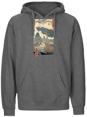 Jurassic Ukiyo-e 1 - jurassic, dino, dinosaur, triceratops, Brachiosaurus, Stegosaurus, ukiyo-e, traditional art - Fairtrade Hoodie