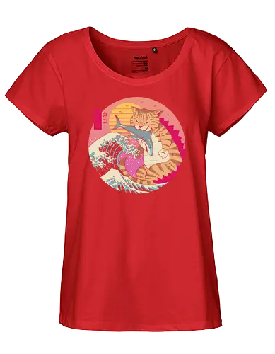 Neko Wave Kaiju - retro, japan, cat, wave, hokusai, shark, fun, art - Fairtrade Girl Shirt