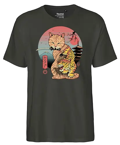 Catana in Edo - cat, katze, katana, tiger, traditional, traditional art - Fairtrade T-Shirt