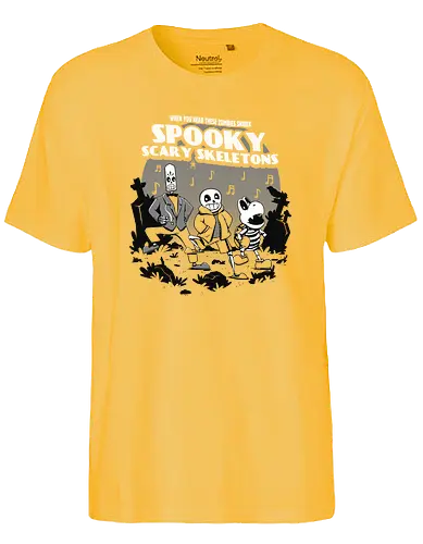 Spooky Scary Skeletons - grim fandango, cartoon, 30's cartoon, halloween, spooky, horror, sing, skeletons, classic gaming, gaming, sans, Tale, dry bones - Fairtrade T-Shirt