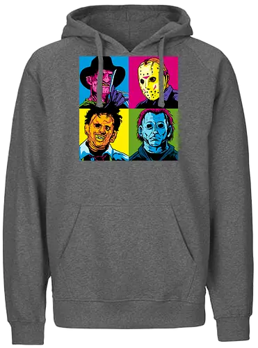 Pop Horror - nightmare on elm street, freddy krueger, friday the 13th, jason, texas chainsaw massacre, halloween, mike myers, mashup, andy warhol, popart, leatherface - Fairtrade Hoodie