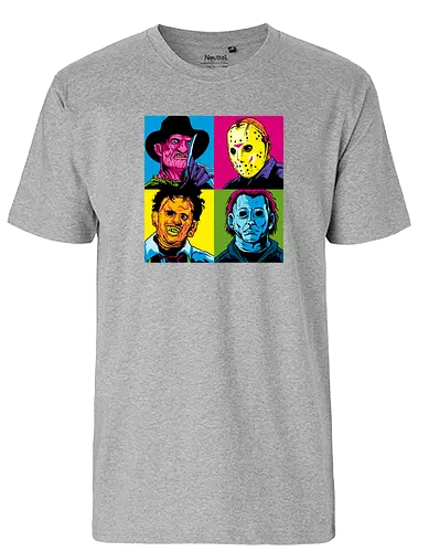 Pop Horror - nightmare on elm street, freddy krueger, friday the 13th, jason, texas chainsaw massacre, halloween, mike myers, mashup, andy warhol, popart, leatherface - Fairtrade T-Shirt