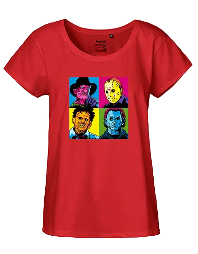 Pop Horror - nightmare on elm street, freddy krueger, friday the 13th, jason, texas chainsaw massacre, halloween, mike myers, mashup, andy warhol, popart, leatherface - Fairtrade Girl Shirt