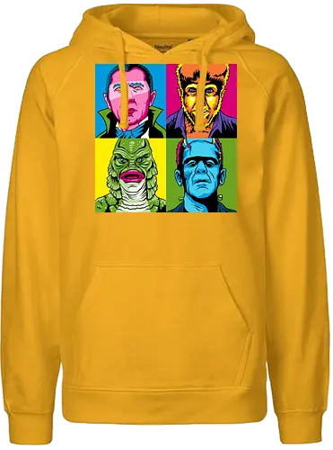 Pop Monster - dracula, bram stoker, werewolf, frankensteins monster, frankenstein, mary shelley, mashup, andy warhol, popart, shape of water, guillermo del toro - Fairtrade Hoodie