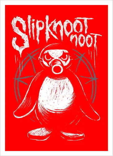 Slipknootnoot - penguin, pinguin, Noot, metal, Metalshirt, bandshirt, mashup - Kunstdruck
