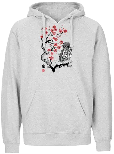 Fukurō Sumi-e - sumi-e, owl, eule, sakura, kirschblüte - Fairtrade Hoodie