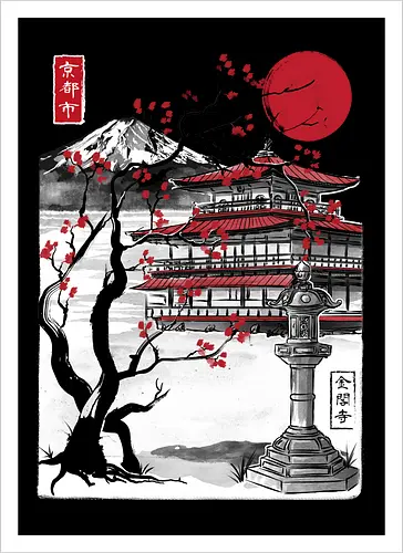 Temple of the Golden Pavilion sumi e - japan, sumi-e, shrine, temple, art - Kunstdruck