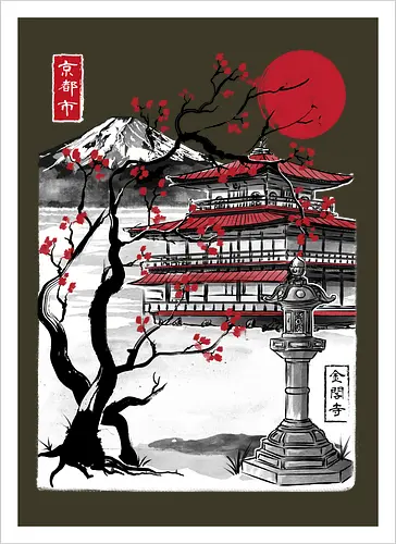 Temple of the Golden Pavilion sumi e - japan, sumi-e, shrine, temple, art - Kunstdruck
