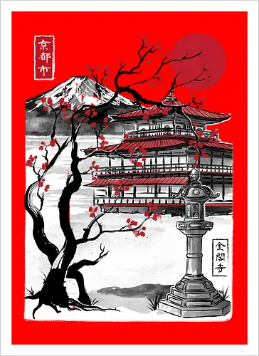 Temple of the Golden Pavilion sumi e - japan, sumi-e, shrine, temple, art - Kunstdruck