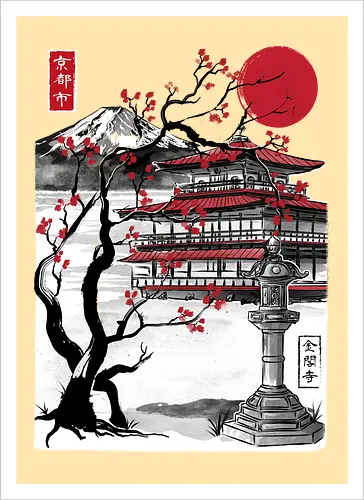 Temple of the Golden Pavilion sumi e - japan, sumi-e, shrine, temple, art - Kunstdruck