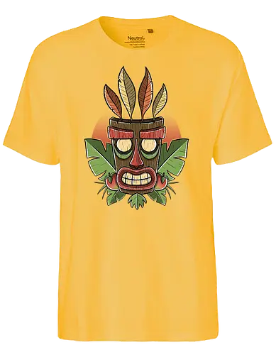Tiki Sunset - tiki, mask, crash, bandicoot, jump'n'run, platformer, aku, gaming, retro, retrogames - Fairtrade T-Shirt