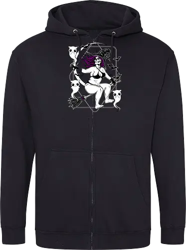 Pin-up witch and her ghost kitties