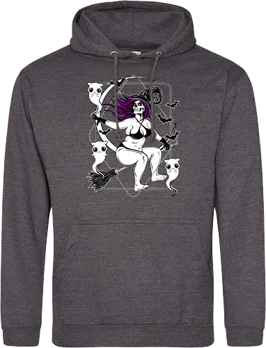 Pin-up witch and her ghost kitties