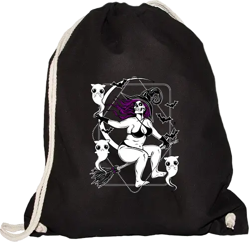 Pin-up witch and her ghost kitties