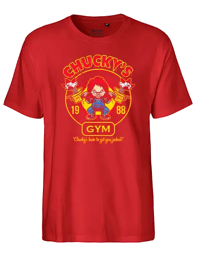 Chucky's Gym - chucky, doll, murder, horror, gym, clown, 80s, fitness - Fairtrade T-Shirt
