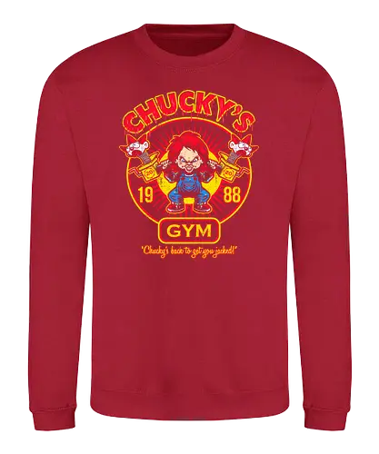 Chucky's Gym - chucky, doll, murder, horror, gym, clown, 80s, fitness - Sweatshirt