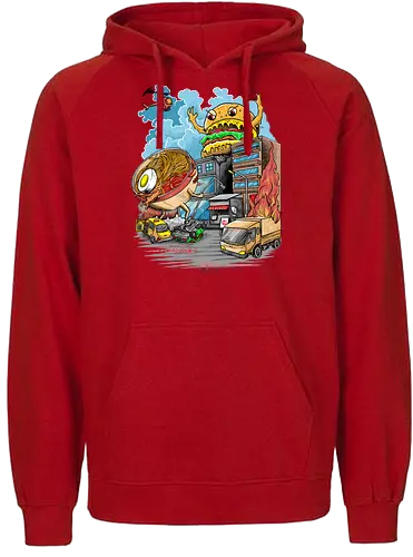 Burger vs Ramen - burger, ramen, noodlesoup, kaiju, monster, japan, nippon, food, essen, nudeln, suppe, hamburger, cheeseburger - Fairtrade Hoodie