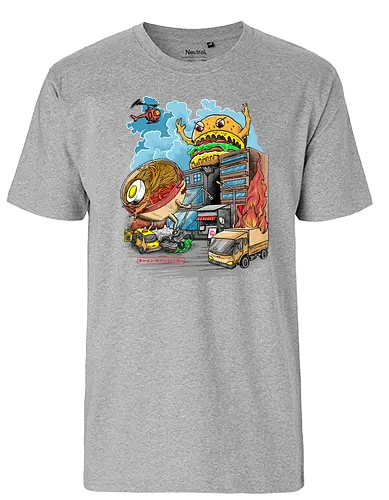 Burger vs Ramen - burger, ramen, noodlesoup, kaiju, monster, japan, nippon, food, essen, nudeln, suppe, hamburger, cheeseburger - Fairtrade T-Shirt