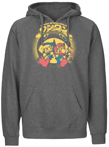 Chomp between Worlds - chomp, dog, cute, Hero of Time, plumber, gaming, classic gaming - Fairtrade Hoodie