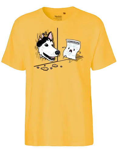 Homework in Panic! - Homework, dog, Hat mein Hund gefressen, Hausaufgaben, fun - Fairtrade T-Shirt