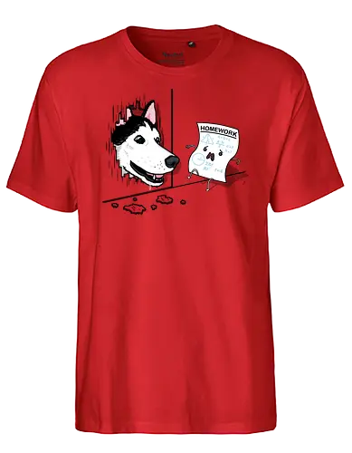 Homework in Panic! - Homework, dog, Hat mein Hund gefressen, Hausaufgaben, fun - Fairtrade T-Shirt