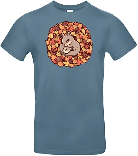 Squirrel upon Autumn Leaves - squirrel, autumn, fall, acorn, nature, cute, fall colours, grey squirrel, cute squirrel, cute animal, animals, leaves, autumn leaves - Standard T-Shirt