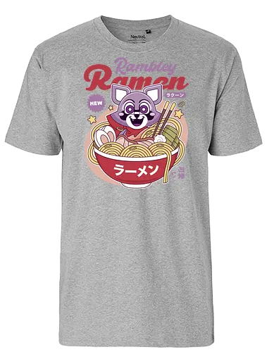 Rambley The Raccoon Ramen - indigo park, rambley the raccoon, mascot, cute, kawaii, horror, terror, survival, game, video games, gaming, gamer, lloyd lion, mollie macaw, finley s serpent - Fairtrade T-Shirt