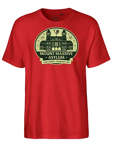 Mount Massive Asylum Emblem - the outlast trials, outlast, outlast 2, murkoff corporation, mount massive asylum, camcorder, mother gooseberry, horror, terror, survival, leland coyle, gamer, gaming, video games, mind control - Fairtrade T-Shirt