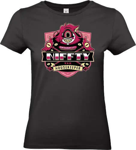 Niffty Housekeeper Emblem - Demon, niffty, alastor, charlie morningstar, vaggie, husk, demon, angel dust, vox, cartoon, cherri bomb, lucifer, helluva boss, angels, hell,  - Standard T-Shirt (Women)