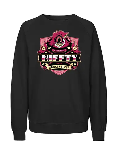 Niffty Housekeeper Emblem - Demon, niffty, alastor, charlie morningstar, vaggie, husk, demon, angel dust, vox, cartoon, cherri bomb, lucifer, helluva boss, angels, hell,  - Fairtrade Sweatshirt