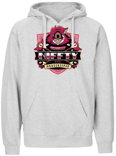 Niffty Housekeeper Emblem - Demon, niffty, alastor, charlie morningstar, vaggie, husk, demon, angel dust, vox, cartoon, cherri bomb, lucifer, helluva boss, angels, hell,  - Fairtrade Hoodie