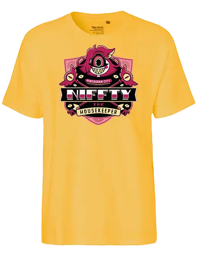 Niffty Housekeeper Emblem - Demon, niffty, alastor, charlie morningstar, vaggie, husk, demon, angel dust, vox, cartoon, cherri bomb, lucifer, helluva boss, angels, hell,  - Fairtrade T-Shirt