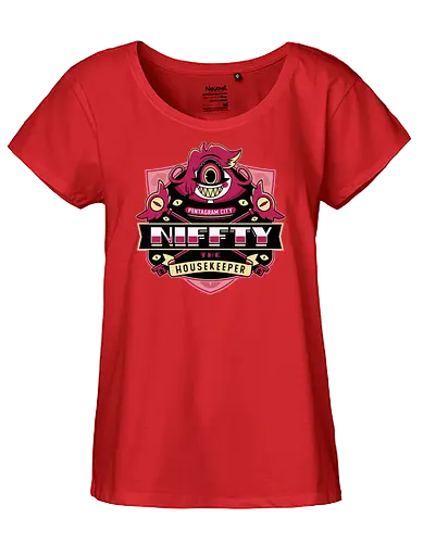 Niffty Housekeeper Emblem - Demon, niffty, alastor, charlie morningstar, vaggie, husk, demon, angel dust, vox, cartoon, cherri bomb, lucifer, helluva boss, angels, hell,  - Fairtrade Girl Shirt