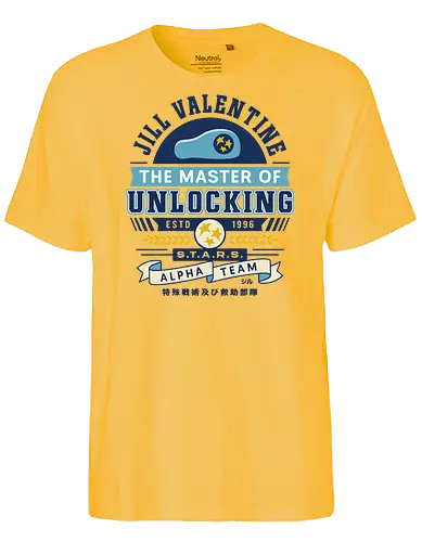Jill Master Of Unlocking Emblem - Horror, jill valentine, leon s kennedy, Horror 4, jill sandwich, biohazard, umbrella corporation, raccoon city, albert wesker, chris redfield, hound wolf squad, Horror 5, stars - Fairtrade T-Shirt