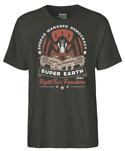 Spreading Democracy Emblem - hell, diver, spread democracy, spreading democracy, terminids, bile titan, spill oil, libertea, enlist today, super earth, gamer, video game, gaming, freedom,  - Fairtrade T-Shirt