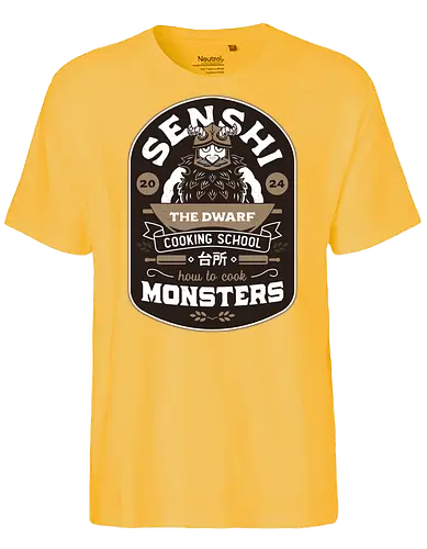 Dwarf Cooking School Emblem - Delicious, Meshi, walking mushroom, marcille donato, falin touden, laios touden, senshi of izganda, chilchuck tims, fantasy, medieval, anime, manga, cooking, TV, dwarf,  - Fairtrade T-Shirt