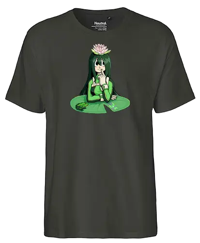 Froppy - mha, bnha, Academia, hero, tsuyu, asui, tsuyu asui, tsu, lotus, lotus flower, lilly pad, froppy, frog, costume, hero costume, green hair, black hair, black eyes, green, purplestar, purplestarphoenix, girl, cute girl, cute, kawaii, hero outfit, anime, manga, Hiroaka - Fairtrade T-Shirt