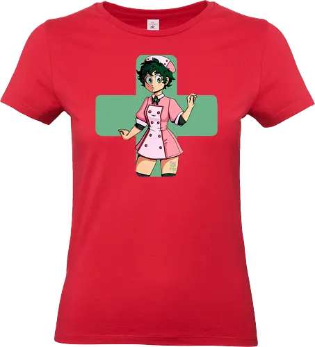 Nurse Izuku - mha, bnha, Izuku, Midoriya, midoriyaizuku, izukumidoriya, nurse, nurse outfit, gender bender, rule 63, geen cross, green hair, greenhair, shorthair, short, short hair, curly, curlyhair, green eyes, greeneyes, pinkdress, pink dress, cute, hiroaka - Standard T-Shirt (Women)