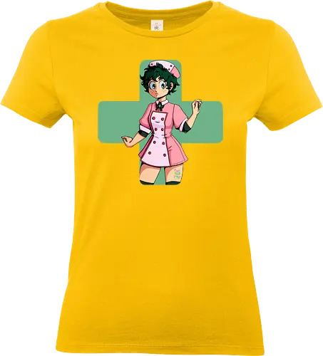 Nurse Izuku - mha, bnha, Izuku, Midoriya, midoriyaizuku, izukumidoriya, nurse, nurse outfit, gender bender, rule 63, geen cross, green hair, greenhair, shorthair, short, short hair, curly, curlyhair, green eyes, greeneyes, pinkdress, pink dress, cute, hiroaka - Standard T-Shirt (Women)