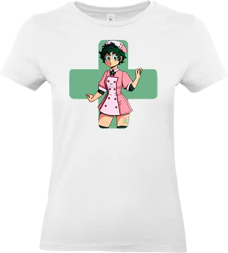 Nurse Izuku - mha, bnha, Izuku, Midoriya, midoriyaizuku, izukumidoriya, nurse, nurse outfit, gender bender, rule 63, geen cross, green hair, greenhair, shorthair, short, short hair, curly, curlyhair, green eyes, greeneyes, pinkdress, pink dress, cute, hiroaka - Standard T-Shirt (Women)
