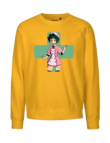 Nurse Izuku - mha, bnha, Izuku, Midoriya, midoriyaizuku, izukumidoriya, nurse, nurse outfit, gender bender, rule 63, geen cross, green hair, greenhair, shorthair, short, short hair, curly, curlyhair, green eyes, greeneyes, pinkdress, pink dress, cute, hiroaka - Fairtrade Sweatshirt