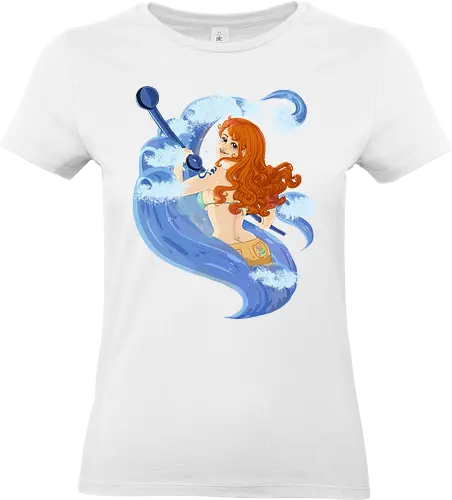 Nami - nami, cat burglar, Pirate, wave, orange hair, redhead, ginger, clima tact, girl, cute, anime, wavy hair, water, pale, long hair, blue, orange, bikini top, tattoo, purplestarphoenix - Standard T-Shirt (Women)