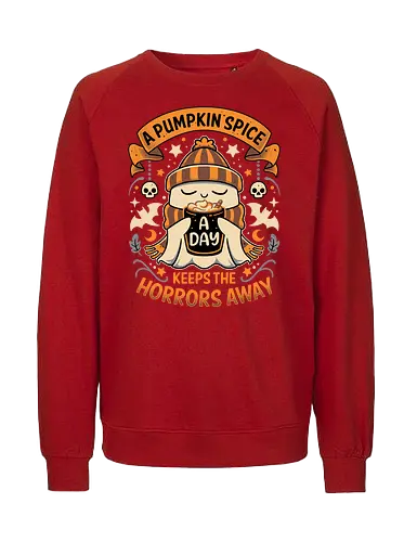 Daily Pumpkin Spice - pumpkin spice, ghost, bats, halloween, skull, coffee, cut, horror, gothic, autumn, fall, cozy - Fairtrade Sweatshirt
