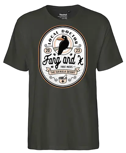 Fang and X Clinic Crest - my time, at sandrock, my time at portia, indie game, gaming, gamer, video games, fang, farming simulator, rpg, adventure, harvest, sand, wild yakmel, pen, hazardous ruins - Fairtrade T-Shirt