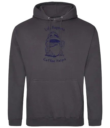 Life Happens Coffee Helps  - sloth life, sloth, coffee, life happens, coffee helps, minimalist, linocut - Standard Hoodie
