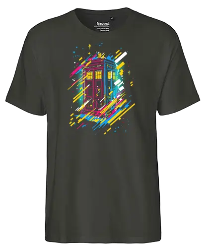 Synth tardis - Doctor, tardis, scifi, tv, pop culture, synth wave, 70's - Fairtrade T-Shirt