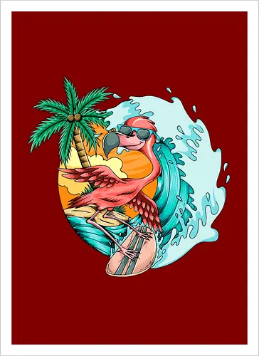 Pink Flamingo Summer Surfing On The Beach